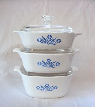 Set Of 3 Vintage Corning Ware Blue Cornflower Covered Casserole W/lids Usa 1950s