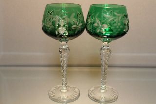 Two (2) Emerald Green Cut Clear Crystal Wine Hocks Lausitzer Nachtmann Traube