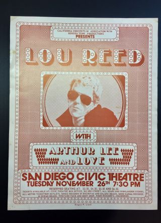 Lou Reed Concert Show Bill San Diego 11/26/74 Poster Sally Can’t Dance