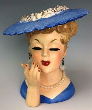 Napco 1958 C3370a Blonde W Blue Hat Drop Dangle Earrings Necklace Lady Head Vase