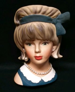 Vintage Enesco Teen Girl Updo Hair W/blue Bow Pearls & Earrings Head Vase