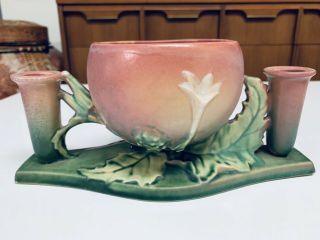 30’s Roseville Thornapple Pink Green Centerpiece 313 Candlesticks Vase