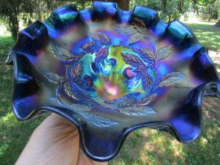 Dugan Cherries Antique Carnival Art Glass Ftd Deep 10 Ruffle Bowl Purple Sharp