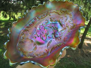 Northwood Poppy Antique Carnival Art Glass Pickle Dish Green Gorgeous