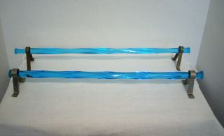 2 Depression Mckee Clear Blue Glass Towel Bar Rod With Metal Brackets