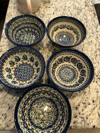 Polish Pottery Stoneware Unikat Dessert Style Bowls - Set of 5 2