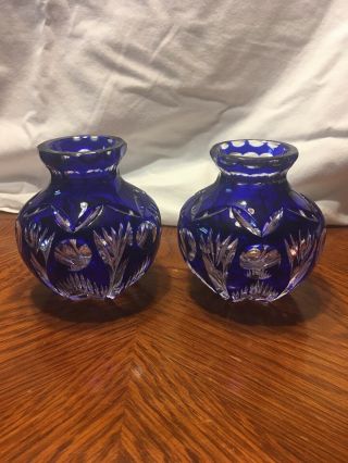 Set Of 2 Vintage Germany Cobalt Blue Cut To Clear Glass Vases