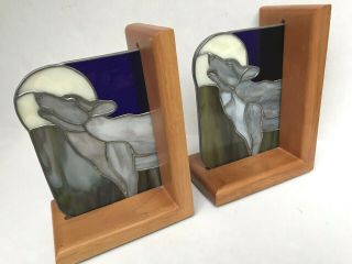Pr (2) Mid Century Wolf Figure Howling At The Moon Stain Lead Glass Bookends Mcm