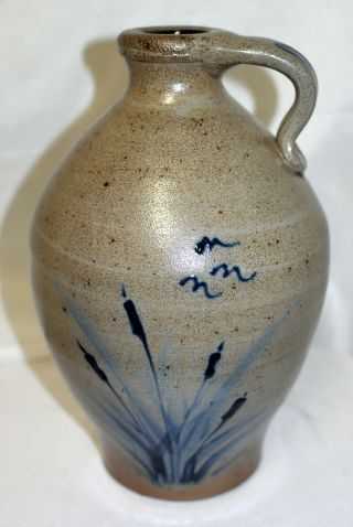 Vtg Handmade Rowe Pottery Salt Glaze Shapely Jug - Blue Cattails Design - 9 "