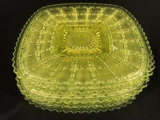 Imperial Glass Depression Vaseline Beaded Block 8” Plates (5) Vintage 1920 - 30s