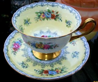 Gorgeous Shelley Yellow Wide Mouth Teacup & Saucer Lush Florals Gilt Trim