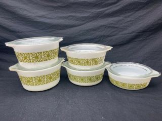 Vintage Pyrex Square Flowers Verde Green Round Casserole Dish Set 473,  472,  471