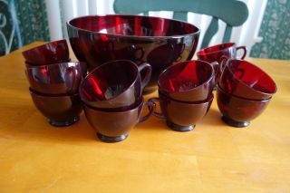 Vintage Anchor Hocking Royal Ruby Red Punch Bowl Wit 12 Cups