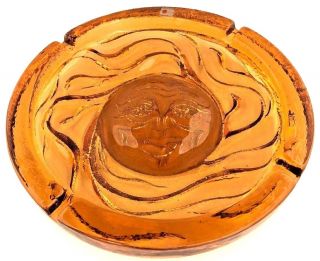 Vtg Blenko Hand Crafted Glass Sun Face Patio Ashtray Mid Century Gold Amber 11 "