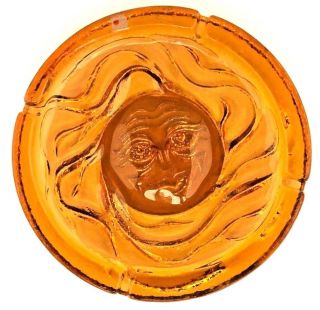 VTG Blenko Hand Crafted Glass Sun Face Patio Ashtray Mid Century Gold Amber 11 
