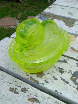 Rare Westmoreland Green Vaseline Glass " Lion On A Basket/nest Covered Dish Pics