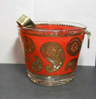 Vintage Culver Red Gold Paisley Ice Bucket W/tongs