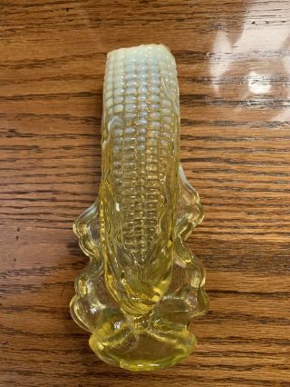 Detailed Vintage Opalescent Glass Yellow Figural Corn Husk Flower Vase