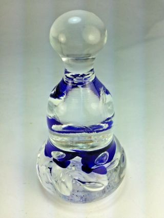 Joe St.  Clair Art Glass Bell Shaped Paperweight Blue Flowers White Swirls Signed