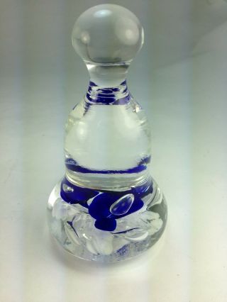 Joe St.  Clair Art Glass Bell Shaped Paperweight Blue Flowers White Swirls Signed 2