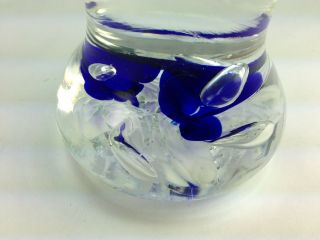 Joe St.  Clair Art Glass Bell Shaped Paperweight Blue Flowers White Swirls Signed 3