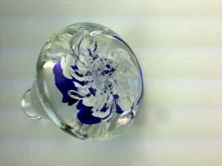 Joe St.  Clair Art Glass Bell Shaped Paperweight Blue Flowers White Swirls Signed 5