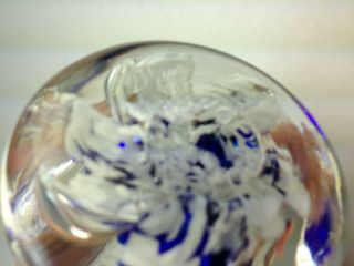 Joe St.  Clair Art Glass Bell Shaped Paperweight Blue Flowers White Swirls Signed 6
