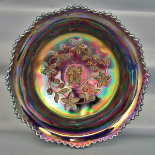 Fenton Butterfly & Berry Blue Carnival Glass Footed 9½ " Master Berry Bowl 6596
