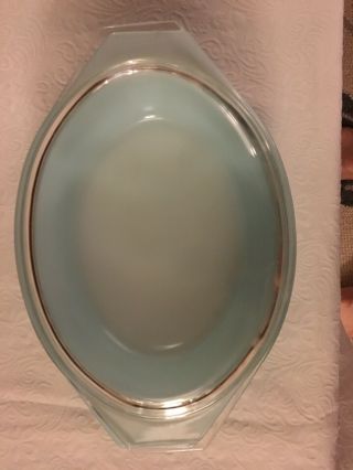 Rare Pyrex Turquoise White Lace Medallion 2 - 1/2 qt Oval Casserole w/Lid 045 EUC 5