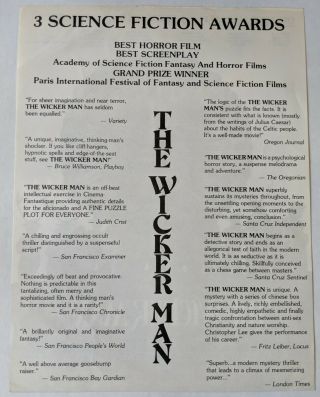 Vintage The Wicker Man Movie 1973 Flyer Los Angeles Theaters Pagan Horror Film 2