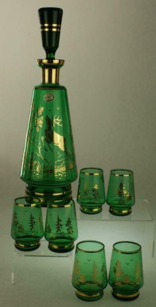 Glassexport Bohemia Crystal Carafe Green With Gold 6 Glasses Czechoslovakia Gg31
