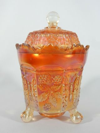 Vintage Fenton Carnival Glass Butterflies & Berries Lidded Sugar Bowl Marigold