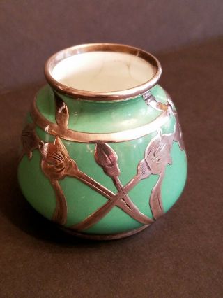 Crown Staffordshire Miniature Green Porcelain & Sterling Silver Art Nouveau Vase