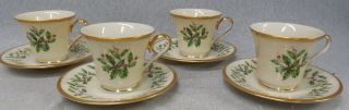 Lenox Holiday Dimension Holly Berry 4 Cups And Saucers Usa S683