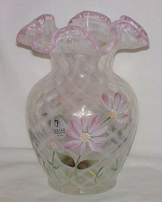 Fenton Art Glass Pink Crest Opalescent Lattice Vase Hand Painted