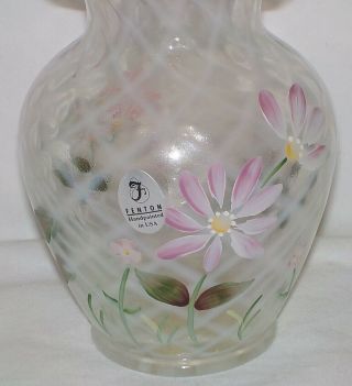 Fenton Art Glass Pink Crest Opalescent Lattice Vase Hand Painted 3