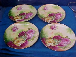 4 - 19thc Victorian Era Limoges Porcelain Hand Painted 9 " Plates W Roses Signed