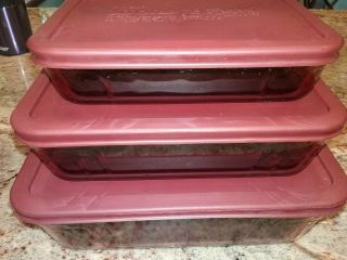 Set Of 3 Vintage Pyrex Baking Casserole Dishes Cranberry Glass 7210,  11,  12 W/lid