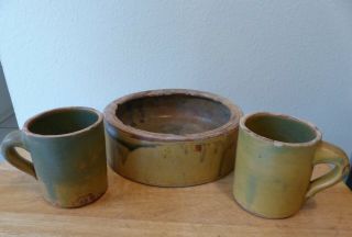 Texas Myer Folk Art Pottery - Animal Dish And Mugs C.  1930 