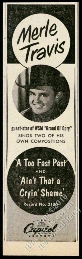 1952 Merle Travis Photo A Too Fast Past Song Release Vintage Trade Print Ad
