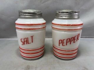 Rare Vintage Red Stripe Hazel Atlas Salt & Pepper Shaker,  Ribbed