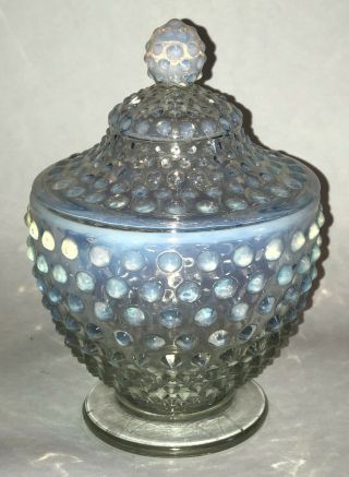 Vintage Hobnail Blue Opalescent Small Footed Candy Jar With Lid