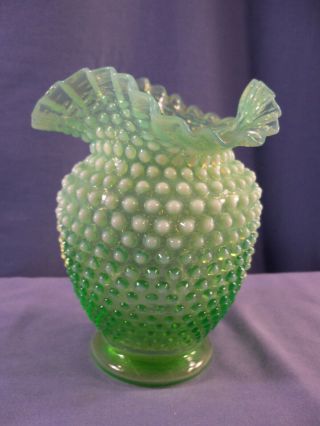 Vintage Fenton Green Opalescent Glass Hobnail Vase 6 " Tall