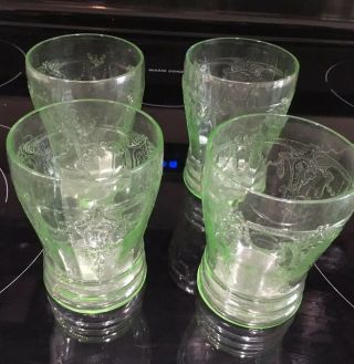 4 Anchor Hocking Cameo 4 " Water Tumblers Dancing Girl Green Vaseline Glass