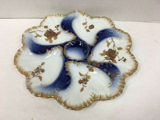 Antique Flow Blue Gold Flowers & Trim 9 1/2 " Limoges France Oyster Plate