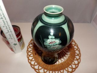 Korean Asian Pottery Celadon Green Crackle Ceramic Floral Signed Vase 2 5