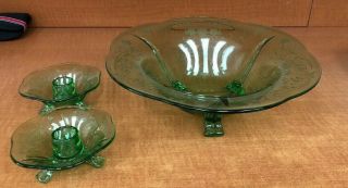 Fostoria Green Glass Console Set 3 Pc Bowl Candle Holders Vintage Minuet