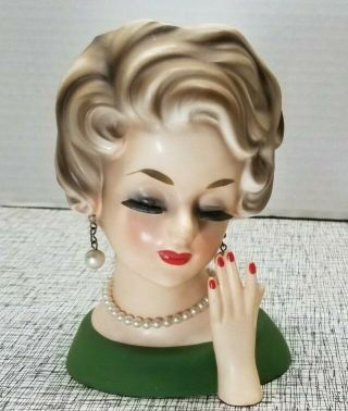 Vintage Blond Lady Head Vase Red Nails Eyelashes Raised Hand Pearls