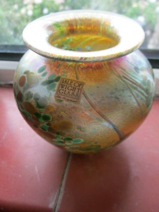 Vintage Isle Of Wight Glass Vase Irridescent Gold Green Pink Label