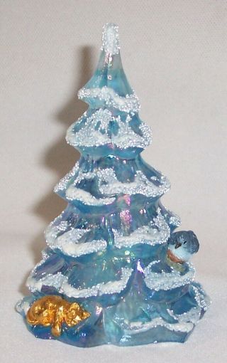Fenton Glass Misty Blue Iridescent Christmas 4 " Tree (cat & Bird)